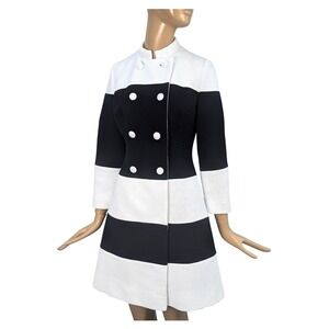 Vintage 60s Lilli Ann Knit Black White Striped Mod Double Breasted Coat Jacket